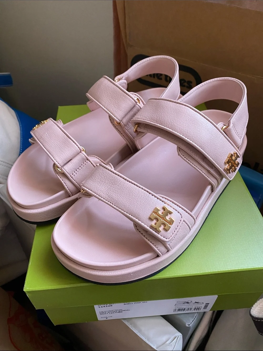 Tory Burch Kira Blush Pink Leather Velcro Sandals with Gold Logo